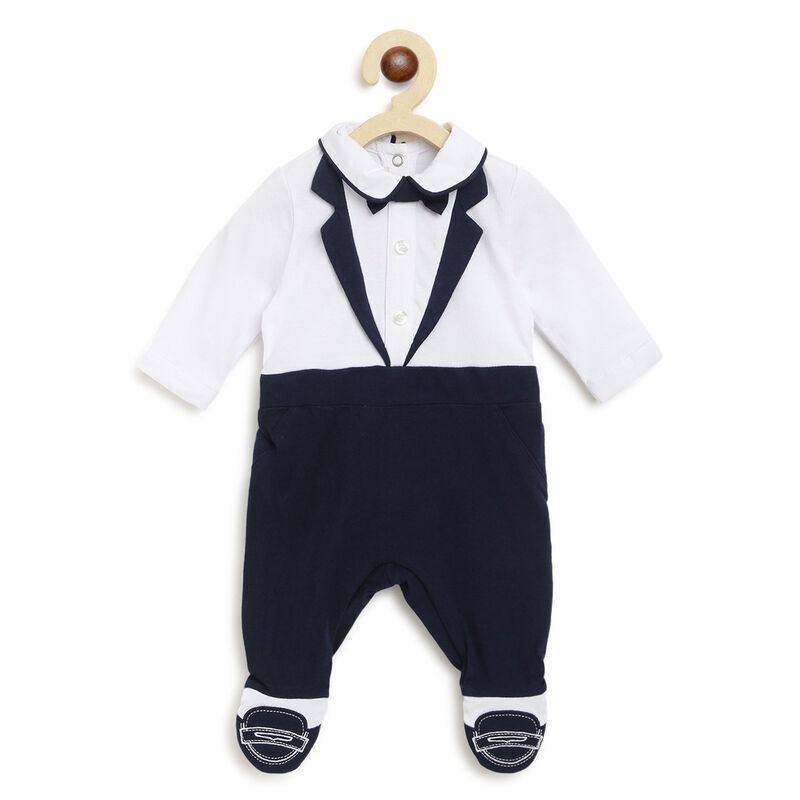 Boys White & Blue Solid Nappy Opening Babysuit image number null